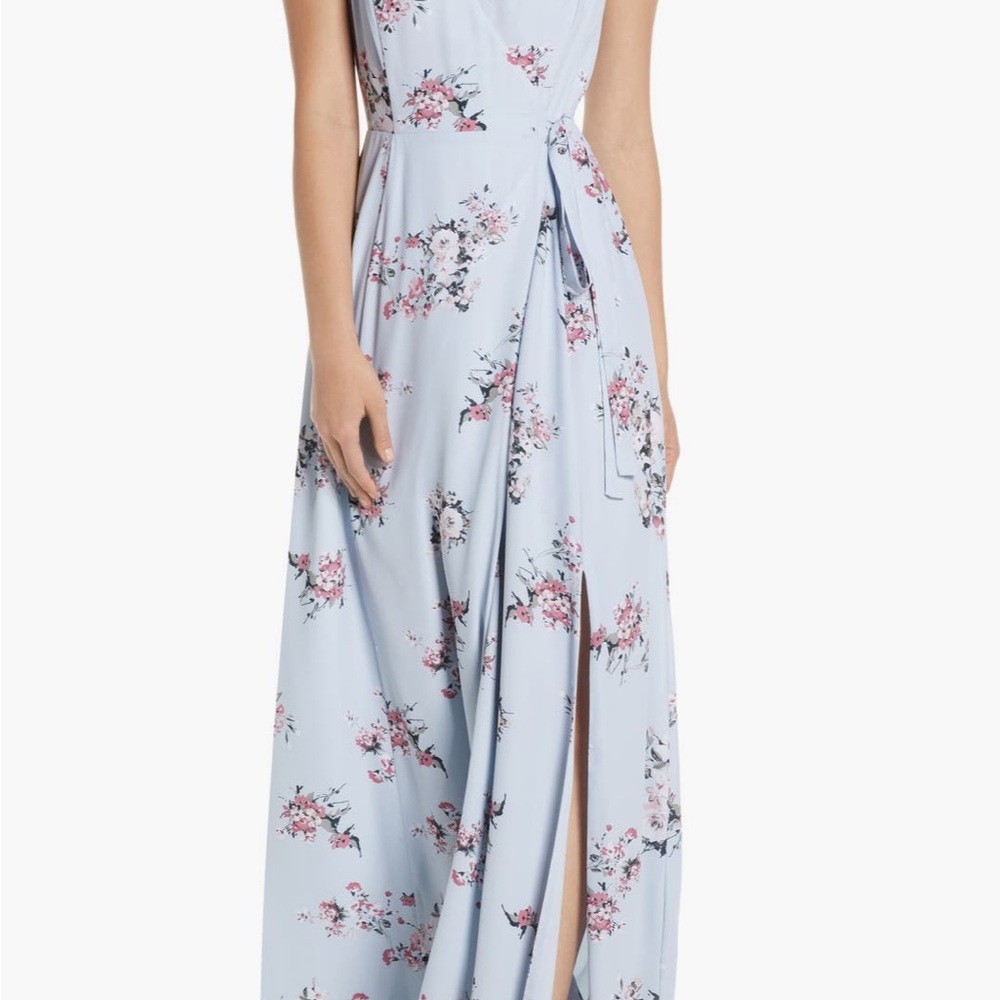 WAYF Floral Tie-Neck Blouse in Light Blue and Pink